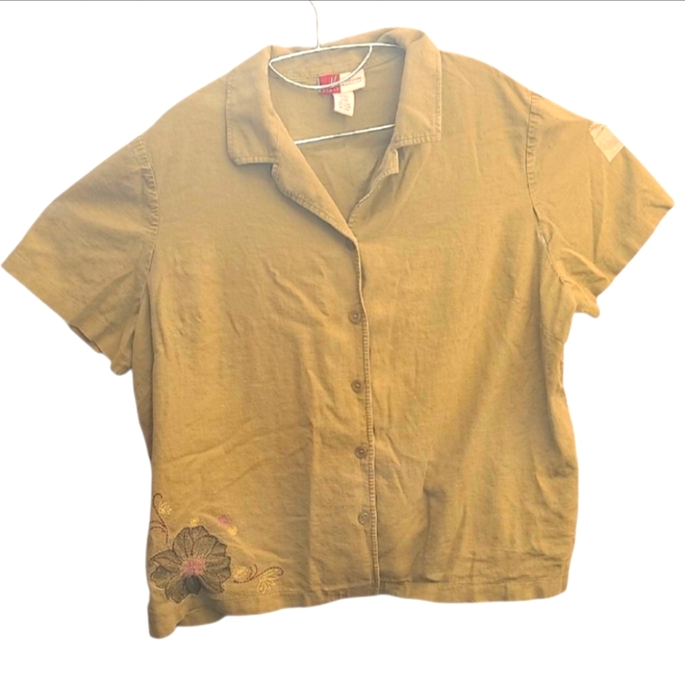 Linen And Rayon Olive Button Down Shirt with Floral Embroidery